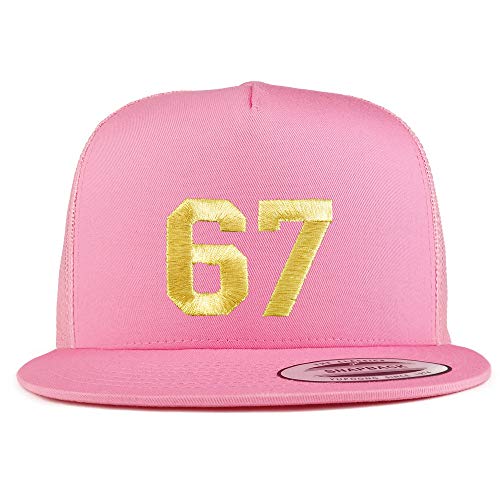 Trendy Apparel Shop Number 67 Gold Thread Embroidered Flat Bill 5 Panel Trucker Cap - color: Pink