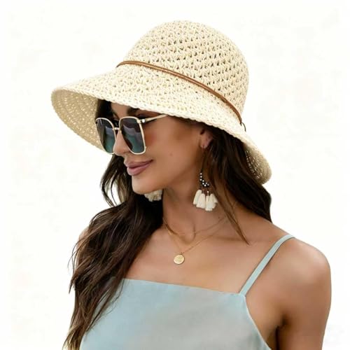 Women Wide Brim Sun Hat UPF50 Straw Summer Hat Floppy Beach Hat Roll-Up - color: Straw Hat Beige