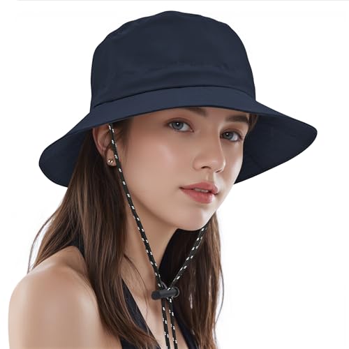 Womens Waterproof Bucket Hat - Packable Sun Hat UV Protection Hiking Hats with Adjustable Drawstring for Outdoor Activities - color: Navy Blue
