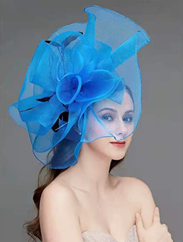 Women's Fascinators Hat for Women Tea Party Headband Wedding Cocktail Flower Mesh Feathers Hair Clip - color: 01 Blue