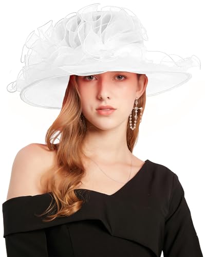 Women's Kentucky Derby Church Dress Hat Wide Brim Leaf Flower Bridal Shower Hat - color: G3 White