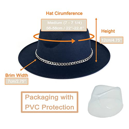 Women Men Wide Brim Fedoran Hat with Chain Belt Buckle - color: Navy Blue