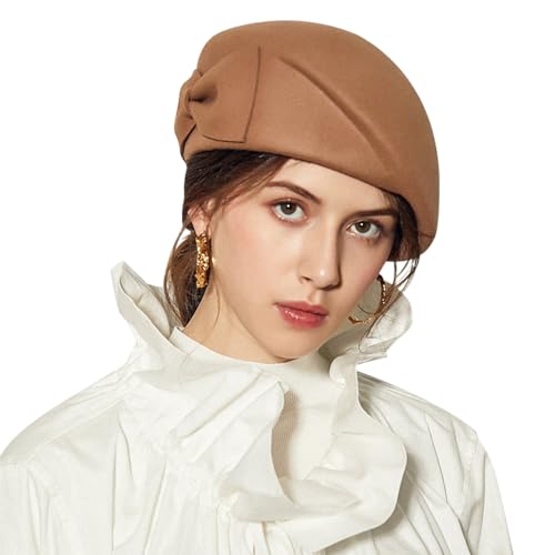 Wedding Hats for Women Vintage Wool Felt Berets Ladies Pearl Fascinator Autumn Winter Cap Bow Church Fedoras - color: Camel 3