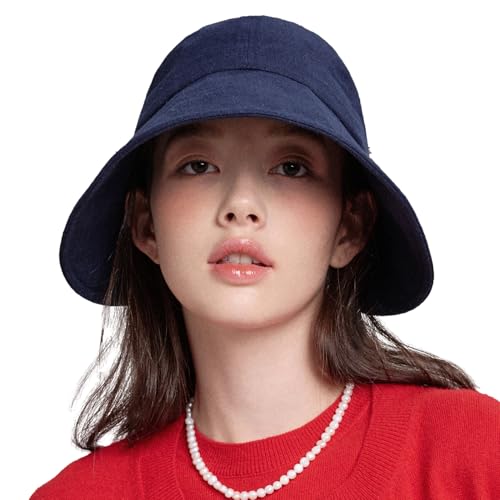WHITE SANDS MOJA Linen Blend Victorian Bonnet Hat Sun Cap, Foldable Summer Visor | NEW Katy - color: Navy