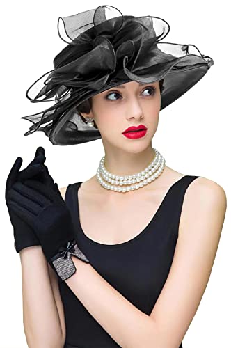 Organza Fascinator Hat - Women’s Wide Brim Church Bridal Tea Party Wedding Hat - color: 01a-black