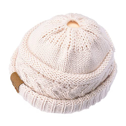 Rosoz 2 Pack Ponytail Beanie for Women,Winter Warm Beanie Tail Soft Stretch Cable Knit Messy High Bun Hat - color: 2pack-beige/Khaki