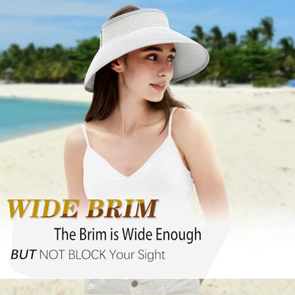 Women's Sun Visor Hats Wide Brim Straw Beach Hat Ponytail Hats for Women Foldable Floppy - color: 1pack-kd-white.