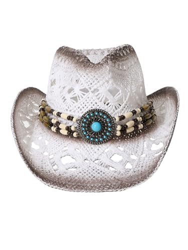 QWINEE Western Straw Cowboy Hat Cowgirl Hats Hollow Out Summer Beach Sun Hat for Women Men - color: White