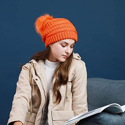 REDESS Women Winter Pom Pom Beanie Hat with Warm Fleece Lined - color: Orange