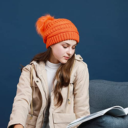 REDESS Women Winter Pom Pom Beanie Hat with Warm Fleece Lined - color: Orange