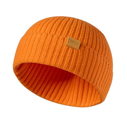 100% Merino Wool Fisherman Beanie Hat, Unisex Warm Winter Hats, Soft Breathable Knitted Short Cuffed Cap - color: Orange