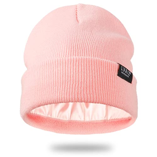 Satin Lined Winter Beanie Hats for Women Men Cotton Knitted Cuffed Knit Hat - color: Pink