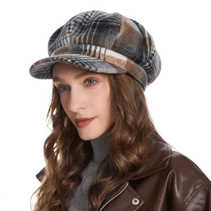 ZLYC Women Classic Newsboy Cap Visor 8 Panel Gatsby Cabbie Paperboy Hat - color: Plaid White and Dark Gray
