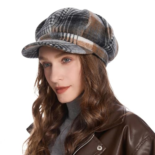 ZLYC Women Classic Newsboy Cap Visor 8 Panel Gatsby Cabbie Paperboy Hat - color: Plaid White and Dark Gray