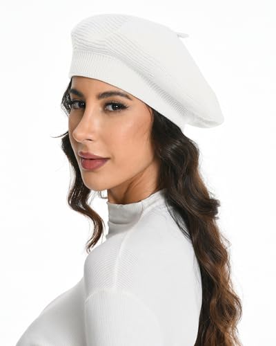 Cotton Knitted Women Beret Hat, French Style Solid Color Beret, Winter Autumn Warm and Soft Beanie Hat - color: White