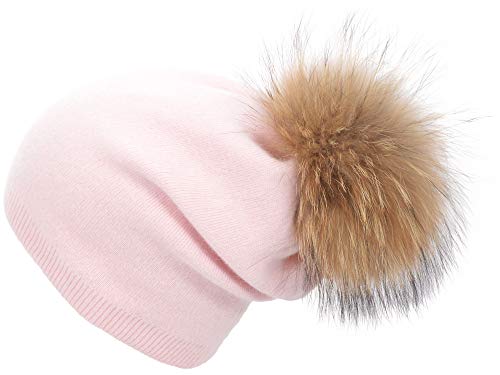 Women's Winter Double Layer Slouchy Beanie with Genuine Raccoon Fur Pom Pom - color: Pink