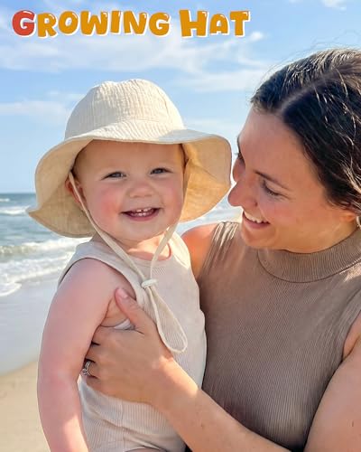 HONGTEYA Baby Sun Hat Muslin Wide Brim Toddler Girl Beach Bucket Hat - color: Pink/Beige, size: 0-6 Months