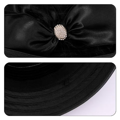 Haoohu Women's Church Derby Hat Wide Brim Bow Bucket Hat Wedding Dress Hat Fascinator Bridal Tea Party Hat - color: Rb Black