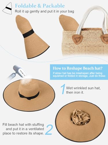 Floppy Sun Hats for Women, Summer Wide Brim Straw Beach Hat - color: Khaki Black, size: Large