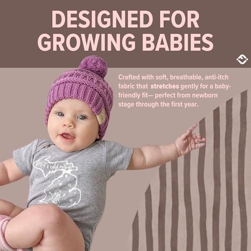 Funky Junque Baby Pom Pom Beanie – Soft Knit Infant Winter Hat for Baby Girls & Boys, Cozy Warm Newborn Beanie 0–12 Months - color: Lavender