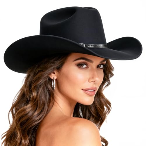 WAYCOM Western Cowboy Hat for Women: Wide Brimmed for Cowgirl - 2 Decorative Band for Men - Felt Hats for Party/Festival - color: Black, size: Large-X-Large