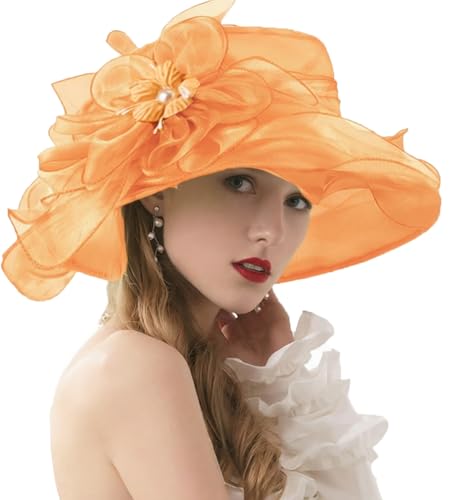 Organza Fascinator Hat - Women’s Wide Brim Church Bridal Tea Party Wedding Hat - color: 02a-orange