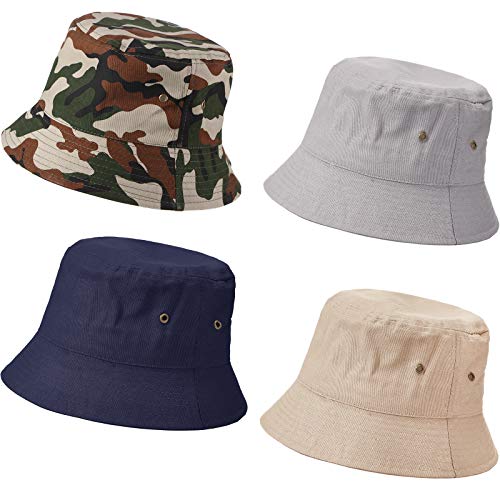 SATINIOR 4 Pcs Bucket Hat Summer Cotton - color: Camouflage, Khaki, Light Grey, Navy Blue, size: Medium