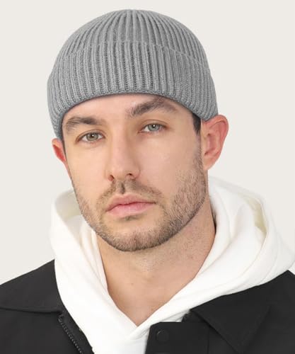 Heniho Wool Fleece Lined Fisherman Beanie for Men, Winter Warm Hats Cuffed Knit Watch Cap Trawler Hat - color: 1pack B- Grey