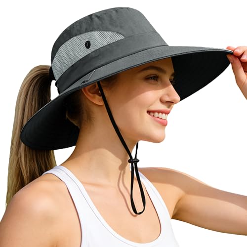 Rosoz Ponytail Sun Bucket Hats for Women UV Protection Foldable Wide Brim - color: 1 Pack-gray