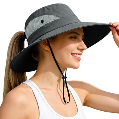 Rosoz Ponytail Sun Bucket Hats for Women UV Protection Foldable Wide Brim - color: 1 Pack-gray