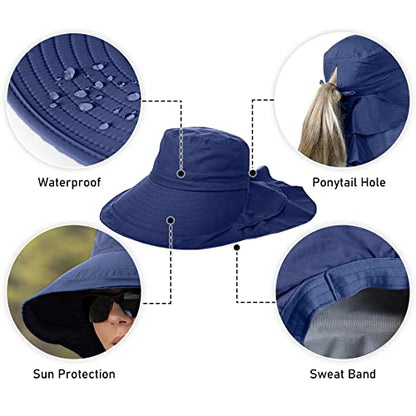 Womens Sun Hat UPF 50+ Wide Brim and Ponytail Hole, Hiking Safari Hat with Neck Flap… - color: Navy Blue