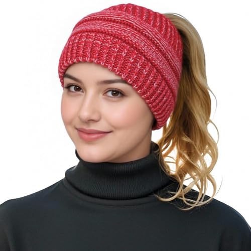 Women Ponytail Beanie 2-Pack, Thick Thermal Soft Acrylic Winter Skull Cap - color: D & F