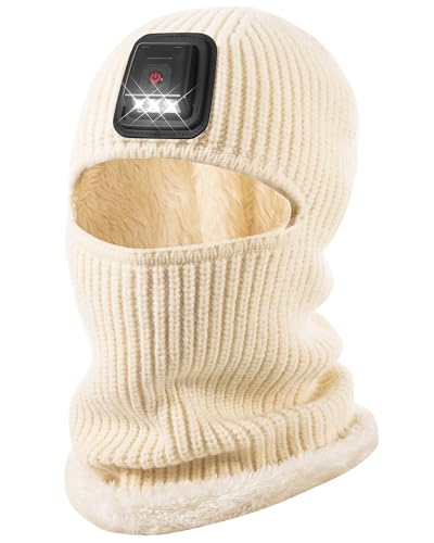 Winter Balaclava Knitted Ski Mask with LED Light - Fleece Lined Full Face Cover Windproof Snow Mask for Skiing, Motorcycling - color: Beige