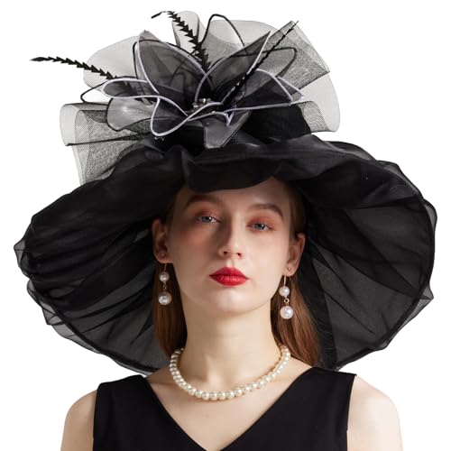 Women Organza Church Derby Hat Wide Brim Sun Caps for Wedding Tea Party Hat with Detachable hat Flower as Headgear - color: 10-black