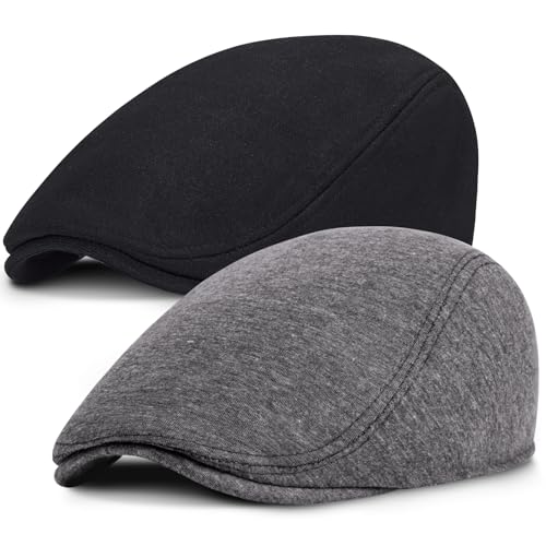 Senker Fashion 2 Pack Newsboy Cap for Men, Wool Blend Tweed Flat Cap - color: Black Dark Gray