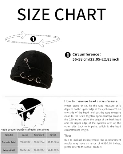 Unisex Adult Hip-hop Distressed Beanie with Iron Ring Punk Grunge Knitted Ripped Hat - color: Black