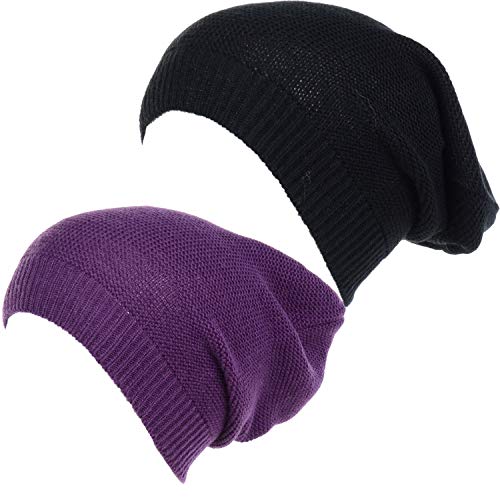 an Unisex Striped Knit Slouchy Beanie Hat Lightweight Soft Fashion Cap - color: 5014-2pk-purp