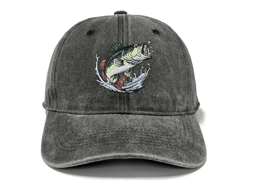 Adjustable Embroidery Hat for Men Women, Gift Baseball Cap for Adult - color: Bass Fish Jumping Out of Water (Washed Black)