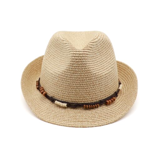 Straw Fedora Hat Panama Hats Mens Beach Hat Derby Hat Packable Trilby - color: Natural-wooden Bead, size: Large