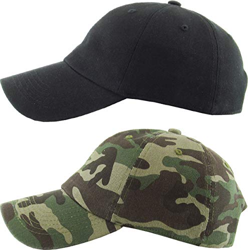 KBETHOS Classic Unisex Cotton Adjustable Low Crown Baseball Cap – Plain Dad Hat - color: Black + Camo (2 Pack)