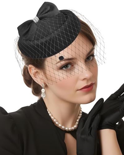 Pillbox Hat with Veil Vintage Fascinators for Women Tea Party Bridal Wedding Halloween First Communion Hats - color: Black