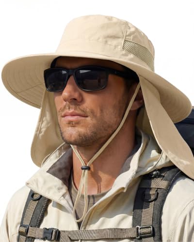 Sun Hats for Men Wide Brim Bucket Hat with Neck Flap for Fishing & Hiking Mens Sun Hat for UV Protection - color: Off-white