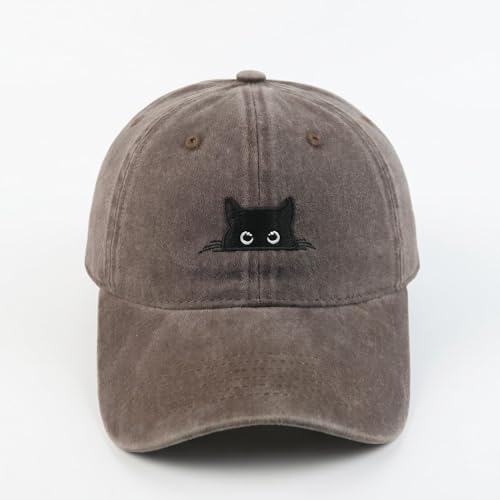 Peeking Black Cat Embroidered Washed Baseball Cap, Adjustable Vintage Dad Hat for Cat Lovers Unisex - color: Brown