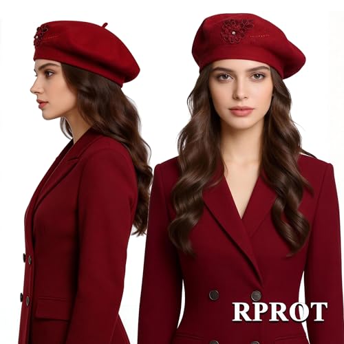 French Style Flower Embroidery Beret - Soft Knitted Solid Color Hat for Women & Girls Accessory, 22-23.6in