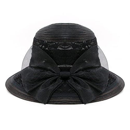 Haoohu Women's Church Derby Hat Wide Brim Bow Bucket Hat Wedding Dress Hat Fascinator Bridal Tea Party Hat - color: Mb Black
