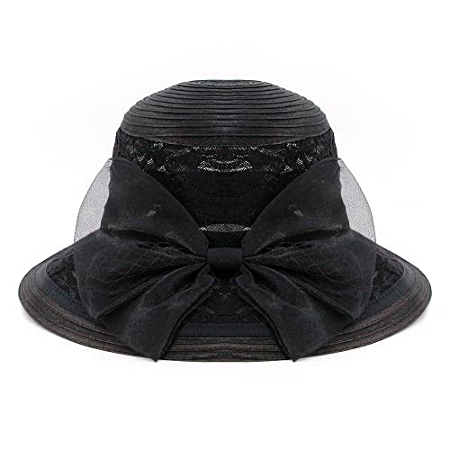 Haoohu Women's Church Derby Hat Wide Brim Bow Bucket Hat Wedding Dress Hat Fascinator Bridal Tea Party Hat - color: Mb Black
