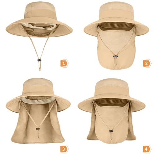 ZOORON Sun Hats for Men Women with Neck Flap Fishing UPF 50+ UV Protection - color: Khaki (With Face Cover)