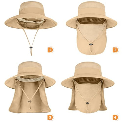 ZOORON Sun Hats for Men Women with Neck Flap Fishing UPF 50+ UV Protection - color: Khaki (With Face Cover)