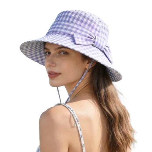Women's Summer Plaid Sun Hat 100% Cotton Beach UV Protection Fishing Hat - color: Purple