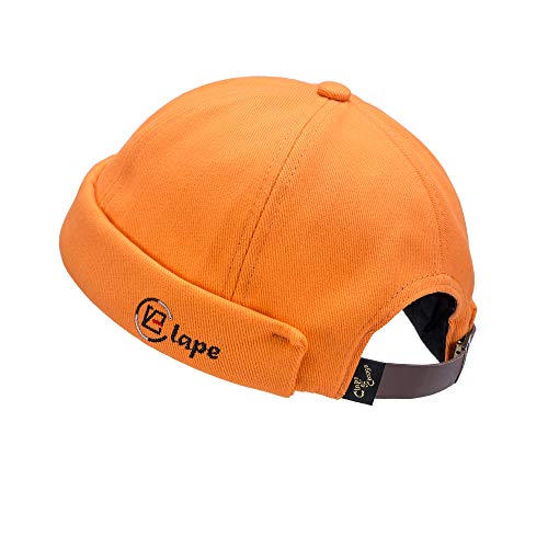 CLAPE Thick Cuff Brimless Caps for Men Washed Cotton Retro Worker Hat Rolled Cuff Harbour No Visor Sailor Fisherman Leon Hat - color: Og01-orange